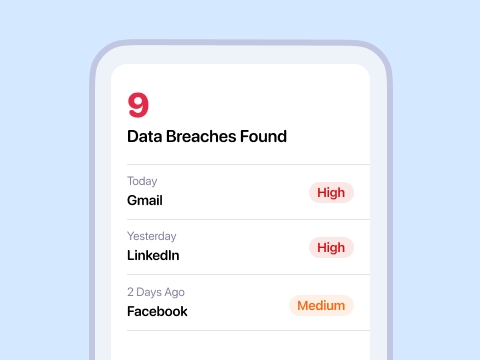 Illustration of a man with a magnifying glass, representing the process of searching for data breaches. The image highlights various types of exposed data, including passwords, usernames, email addresses, dates of birth, and contact details, with icons depicting different types of personal information like phone numbers, geographic location, and financial details. This is used to showcase Prventi’s dark web data monitoring feature